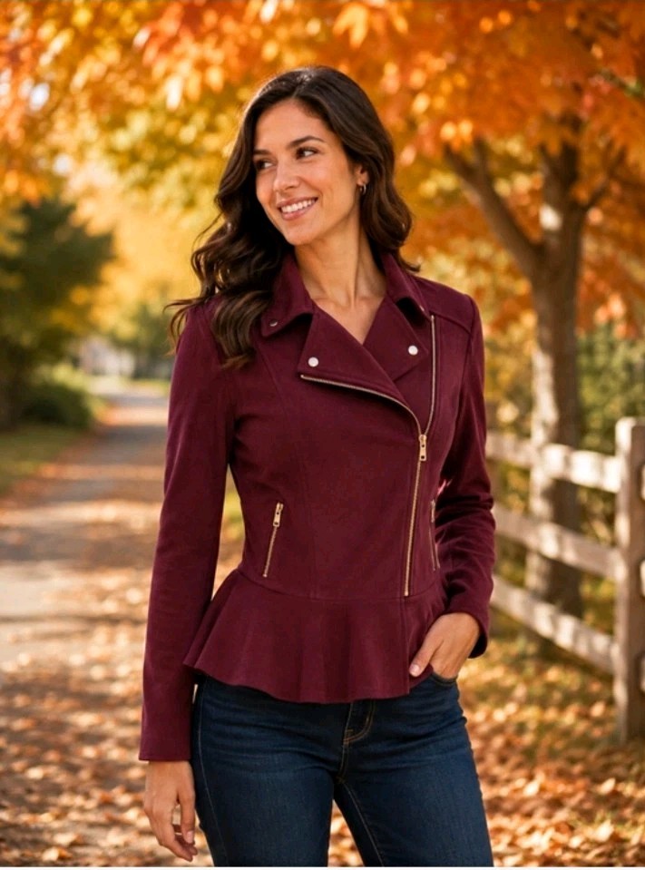 I.N.C. International Concepts Burgundy Moto Peplum Jacket Zip Pockets Women L