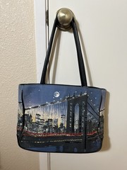 NYC Brooklyn Bridge Cotton & Faux Leather Shoulder Tote 3 sections Organizer