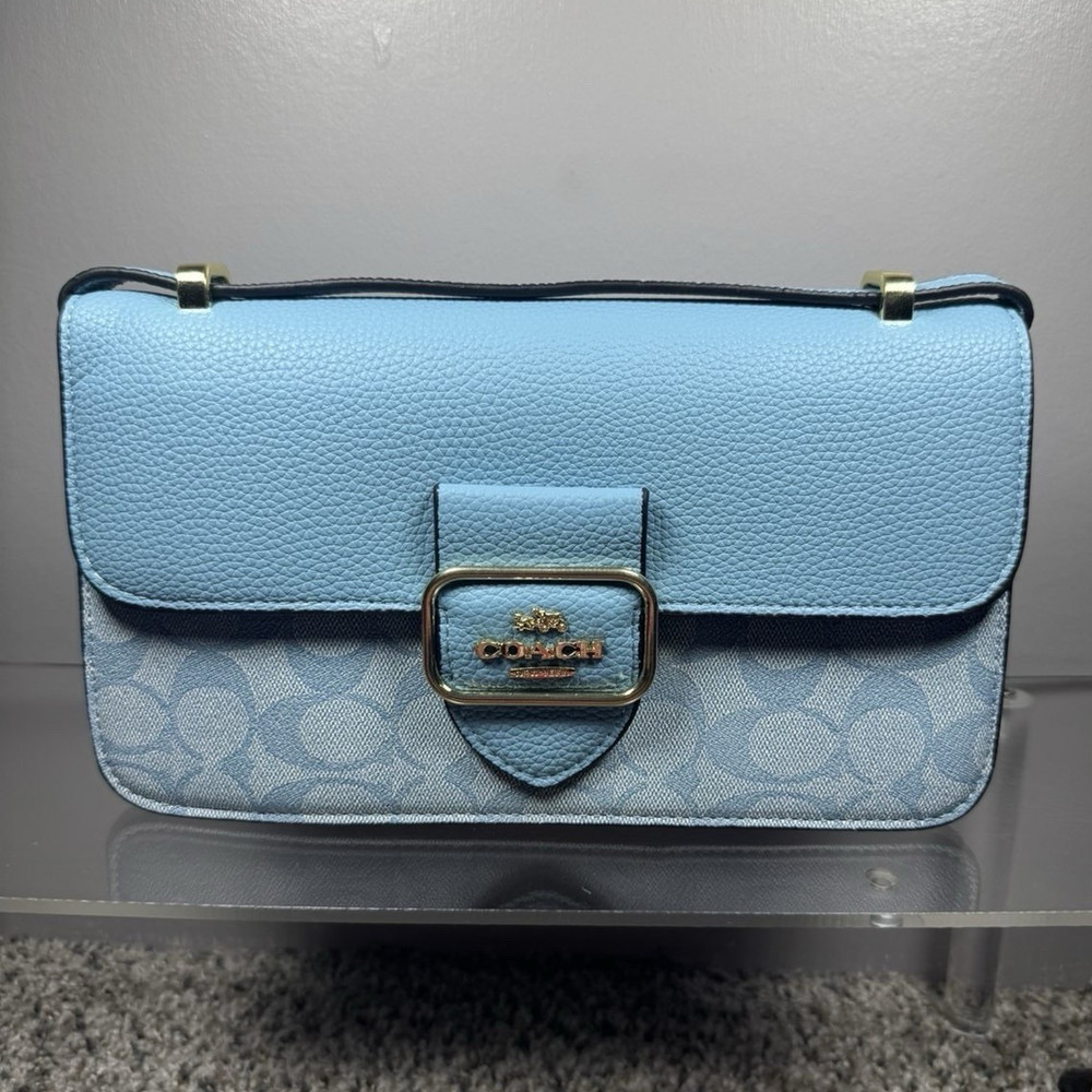 Coach Signature Logo Light Blue Crossbody Bag Magnetic Closure Detachable Strap