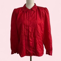Vintage Karen Scott Red Satin Blouse Crochet Lace Collar Puff Sleeve Size 6