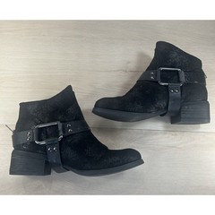 Black Textured Moto Ankle Boots Size 7 Harness Buckle Studded Back Zip Festival