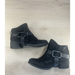 Black Textured Moto Ankle Boots Size 7 Harness Buckle Studded Back Zip Festival