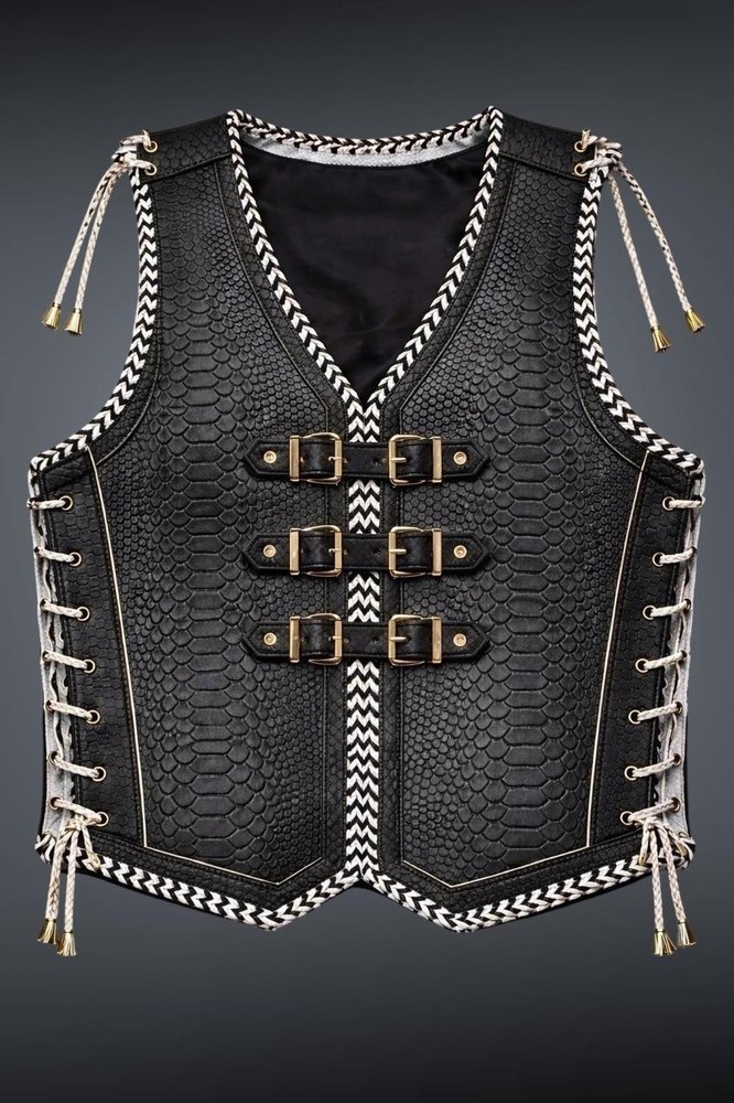 Men’s Black Crocodile Embossed Real Leather Biker Vest Lace Side Motorcycle Vest
