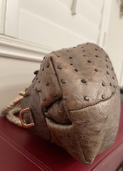 Versace Ostrich Quilted Satchel Top Handle, Braided Handles, Zip, Gold Hardware