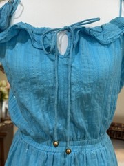Karina Grimaldi Blue Tassel summer Mini Dress Medium Ruffle Metallic Resort