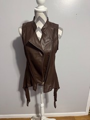 Cotton Express Brown Sleeveless Faux Leather Zip Front Mesh Tie Hem Vest L