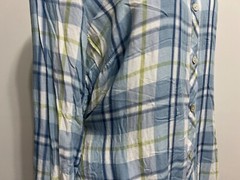 J.Jill Petite Button-Front Tunic Shirt Light Blue Navy White Moss Green Plaid PL
