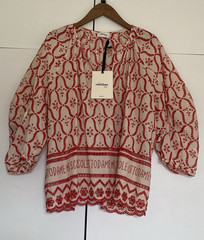 ottod’Ame Beige & Red Embroidered Round Neck Balloon Sleeve Blouse Cotton 10
