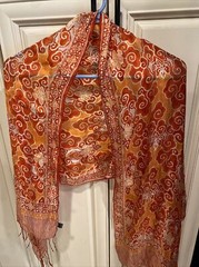100% Silk Scarf Orange & White Tassels Hand Wash Only 62″ x 21″
