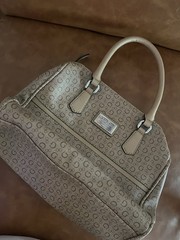 G by GUESS Beige/Brown Logo Satchel Top Handle Bag, Zip, Detachable Strap
