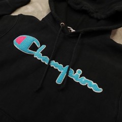 Champion Reverse Weave Hoodie Black Neon Blue Pink Retro Sweatshirt size Small