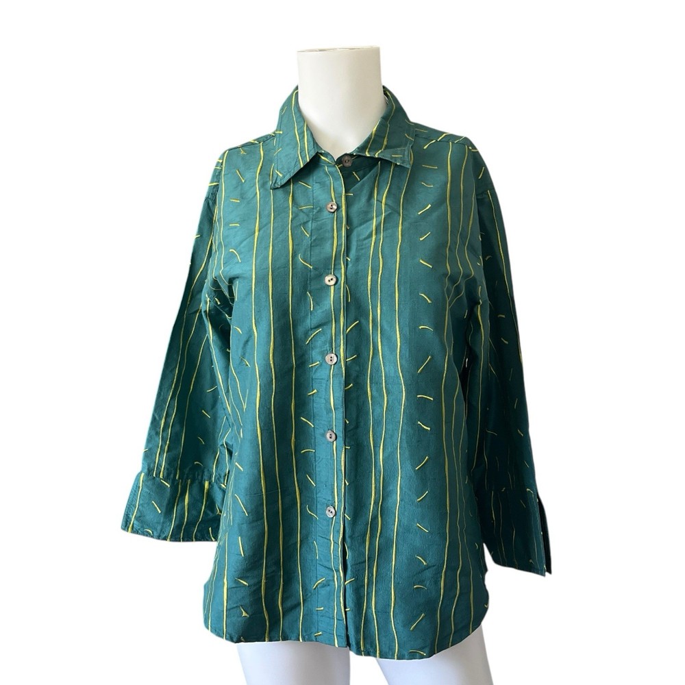 NEW Debra Deroo Teal Green Striped Button Up Blouse Silk Womens Size Small S