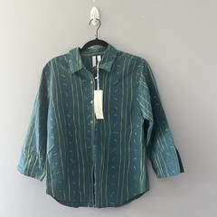 NEW Debra Deroo Teal Green Striped Button Up Blouse Silk Womens Size Small S