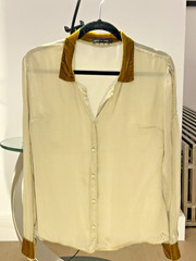 120% Lino 100% Silk Sheer Pleated Blouse Velvet Trim IT 42 US 6 FLAW HOLE