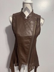 Cotton Express Brown Sleeveless Faux Leather Zip Front Mesh Tie Hem Vest L