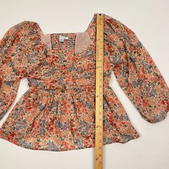 American Eagle Blouse Womens S Multi Floral Chiffon Ruched Babydoll Peasant Boho