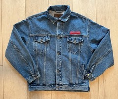 port authority mens blue denim medium wash toyota car embroidered jean jacket m