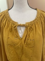 Old Navy Mustard Yellow Eyelet Peasant Tie Neck Balloon Sleeve Blouse – Large