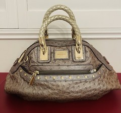 Versace Ostrich Quilted Satchel Top Handle, Braided Handles, Zip, Gold Hardware