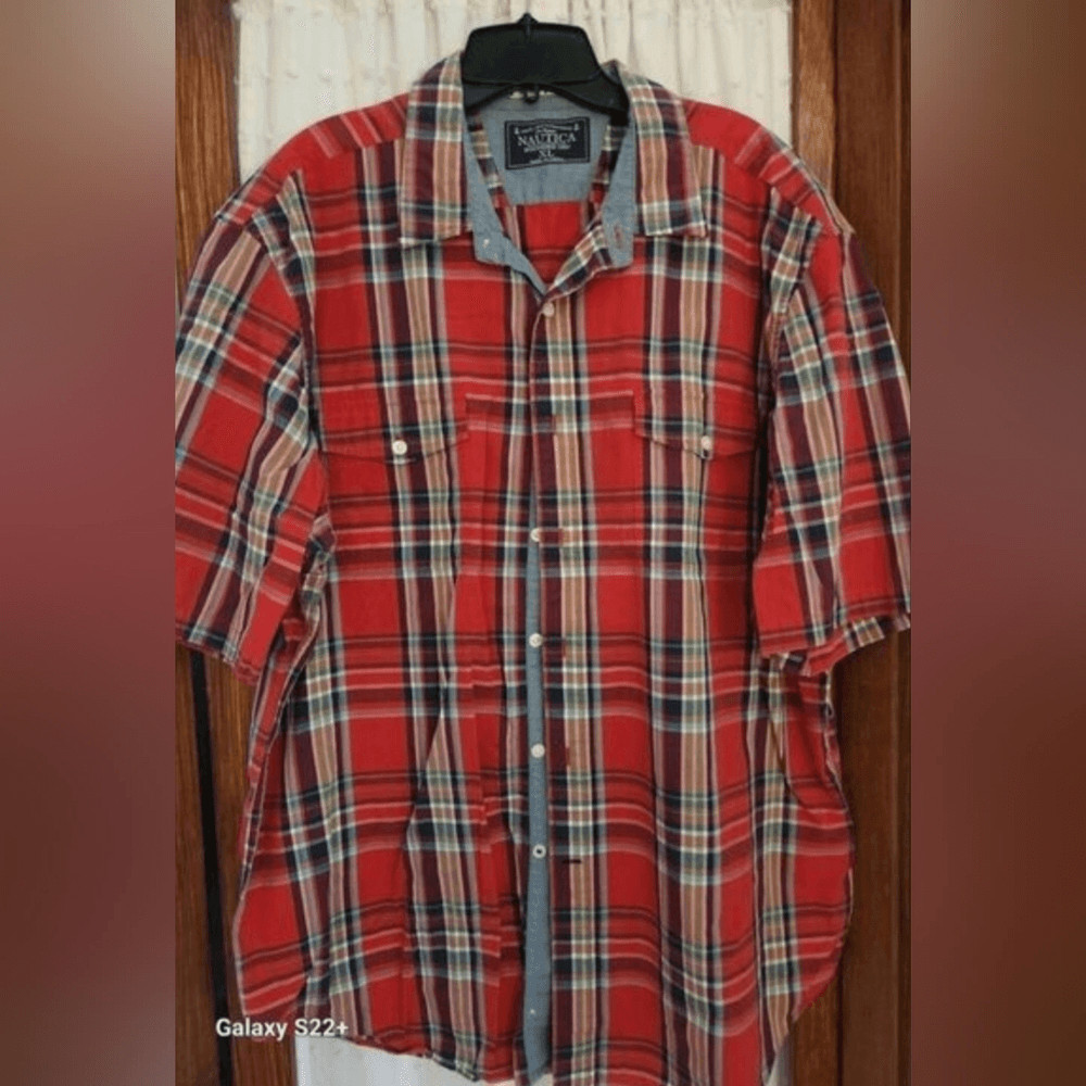 M42 Nautica Red Plaid Short-Sleeve Button-Down Casual Men’s Shirt