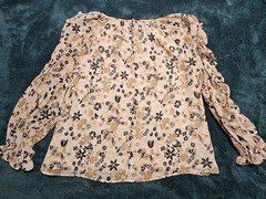 Ann Taylor Factory M Beige/Black Floral Chiffon Lined Ruffle Sleeve Blouse