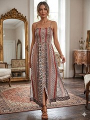 Angie Boho Smocked Maxi Dress Size Large Multi Stripe Coconut Shell Button Front