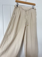 Zara Beige Natural Ecru Linen Blend Wide Leg Trousers Pants Tie Xs Pockets High