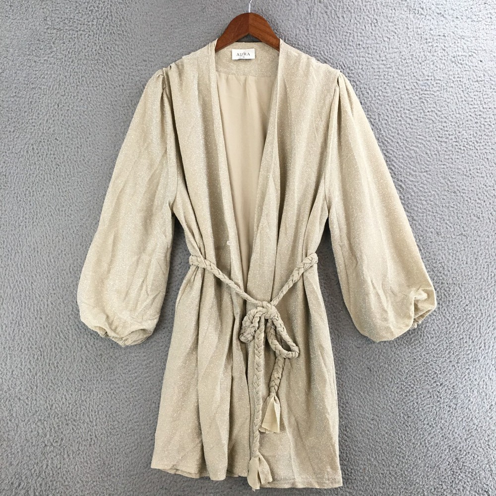 Aura Wrap Mini Dress Womens Small Balloon Sleeve Braided Belted Casual Beige