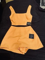 Lulus Orange Solid 2-Piece Knit Set Crop Top Shorts Square Neck Zip Size S