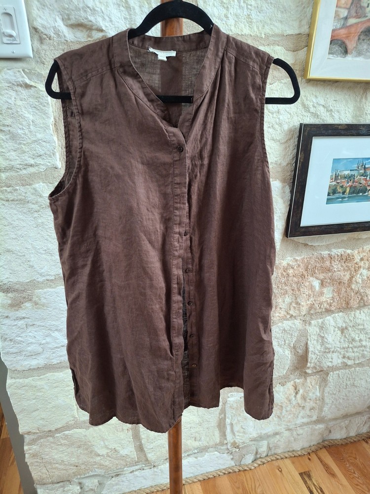 Eileen Fisher Brown Sleeveless Organic Linen Button Front Tunic – L