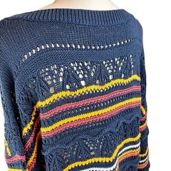 SUNDANCE Blue Open Weave Sweater Sz P XL V Neck Pullover Loose Fit Stripe Tunic