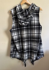 Rewind XL Black White Plaid Hooded Vest Fringe Hem Button Front Boho