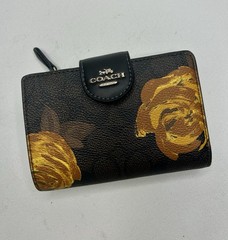 COACH CCL69 Corner Zip Signature Floral Print Bifold Wallet Walnut Black $240