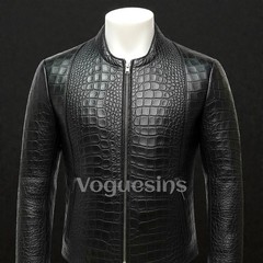 Men’s Black Leather Jacket Crocodile Embossed Pattern Alligator Leather Jacket