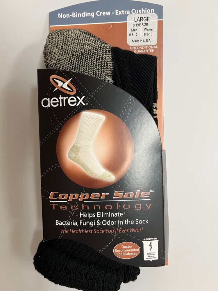 AETREX COPPER SOX-NON-BINDING CREW BLACK -EXTRA CUSHION – LARGE M 8.5-12 3PR/PK