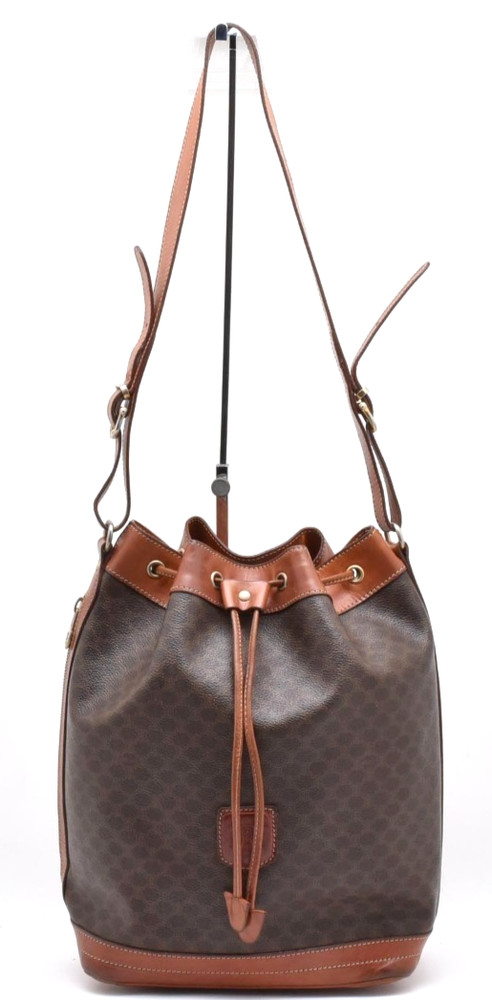 CELINE Macadam Blason Drawstring Bucket Shoulder Bag Purse Vintage Brown Auth