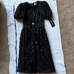 Joan Leslie Evenings Black Lace Sequin Beaded Puff Sleeve Midi Dress Size 10