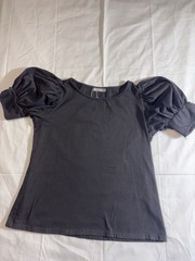 Dorosee Women’s L Black Solid Knit Top Puff Short Sleeves Scoop Neck Buttons