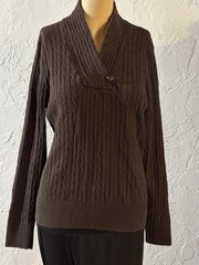 Jeanne Pierre Shawl Neck Sweater Brown Fisherman Cable Knit Womens Sz Large