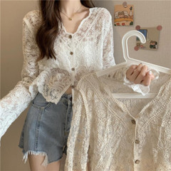 Ladies Lace Crochet Cardigan V-neck Hollow Knitted Embroidered Crop Top Shirt