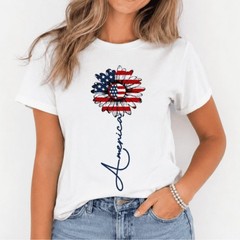 Patriotic USA Flag Sunflower Graphic Tee – America Script Floral Summer T-Shirt