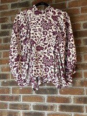 &merci Women’s Peasant Blouse S White Purple Floral Puff Long Sleeve Round Neck
