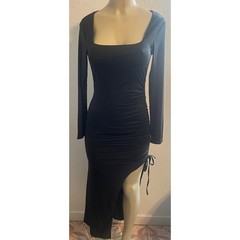 Womens Black Long Sleeve Square Neck Ruched Side Slit Bodycon Maxi Dress