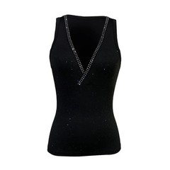 Women’s Fashion Tank Top Spring Summer Solid Black Top Glitter Rhinestone Trim D