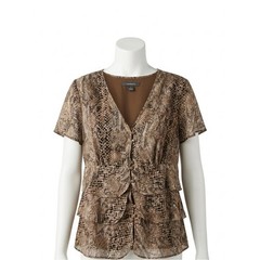 Liz Claiborne Brown Snake-Print Ruffle Short Sleeve Blouse, Size L