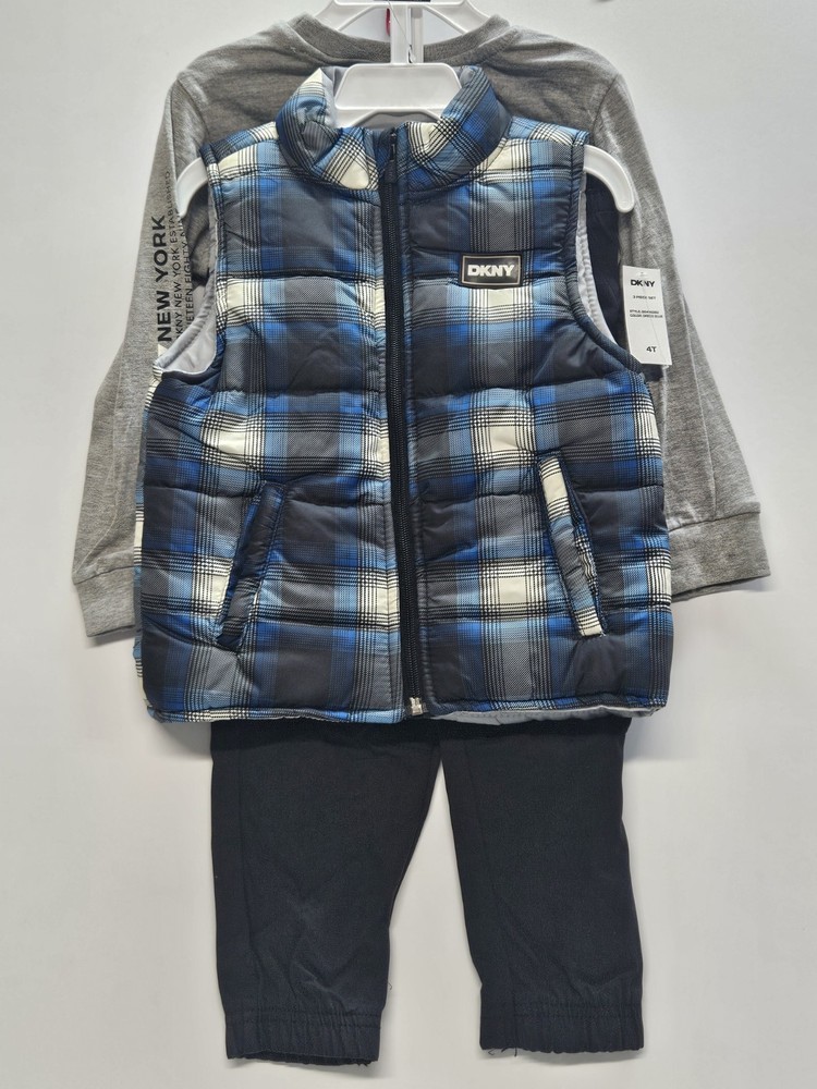 DKNY Size 4T Set Of 3, Plaid Blue Vest/ Black Pants/ Grey Long Sleeve Printed
