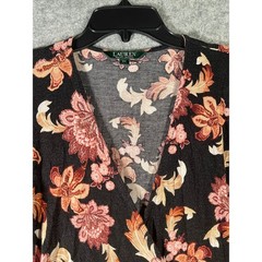 Lauren Ralph Lauren Black Floral Wrap Peplum Top 3/4 Sleeve Small