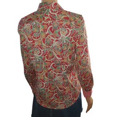 Chaps Petite M No Iron 100% Cotton Red Paisley Button Shirt Flip Stripe Cuff