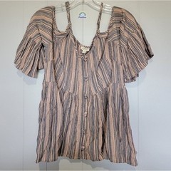 En Creme Women Striped Cold Shoulder Bell Sleeve Babydoll Top Blue Peach Small