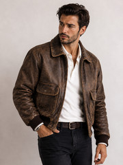 Mens Brown Distressed Leather Bomber Jacket Vintage Aviator Flight Coat